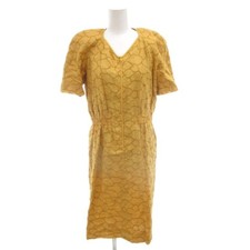 VALENTINO GARAVANI Dress Hemp Linen 6 Yellow V-neck short sleeve total Used 0b4f