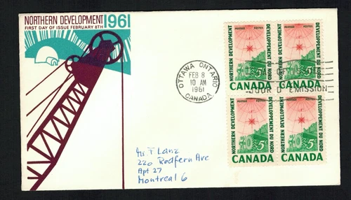 Canada #391, 1961 5¢ Northern Development block of 4, Caneco cachet FDC, VF