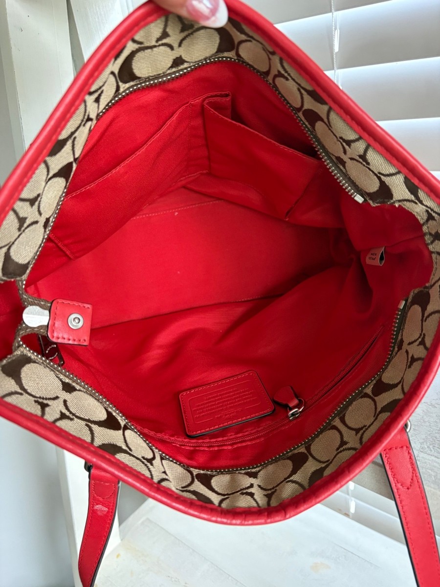 Coach Signature Tote Bag – Brown Canvas with Red Leather Trim | eBay