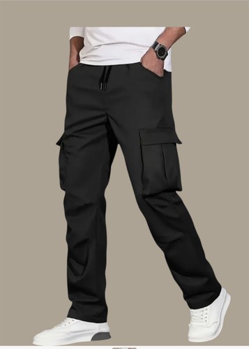 Mens XL Black Cargo Pant Comfortable Pocket Elastic Waist Draw String Ties Light
