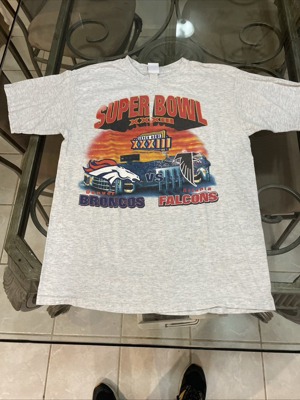 Vintage 90s Super Bowl Tshirt Mens L White XXXIII Denver Broncos Atlanta Falcons