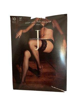 NIP Jasper Conran Black 10D Deep Lace Top Hold Up Sheen Leg Stockings M
