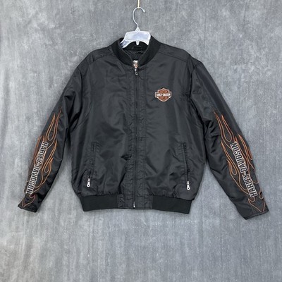 Harley Davidson Bomber Jacket Mens Large Black Embroidered Flames Full Zip Nylon