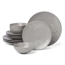897506 Roseto 12-Piece Dinnerware Set, Pumice, Grey