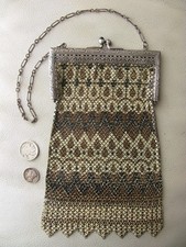 Antique Silver Filigree Frame Brown Tan Yellow Enamel Chain Mail Mesh Purse