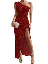 Glamorous Sequined One Shoulder Gown Thigh High Slit Tailored Fit Ideal for