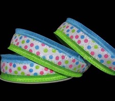 5 Yards Party Polka Dots Blue Green Pink Wired Ribbon 1 1/2"W