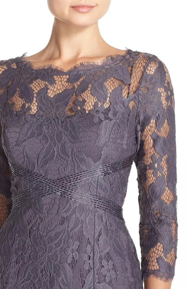 Vestido Adrianna Papell Gris Carbón Encaje Cuentas Manga 3/4 Talla 2 $389 Foto 4 de 4