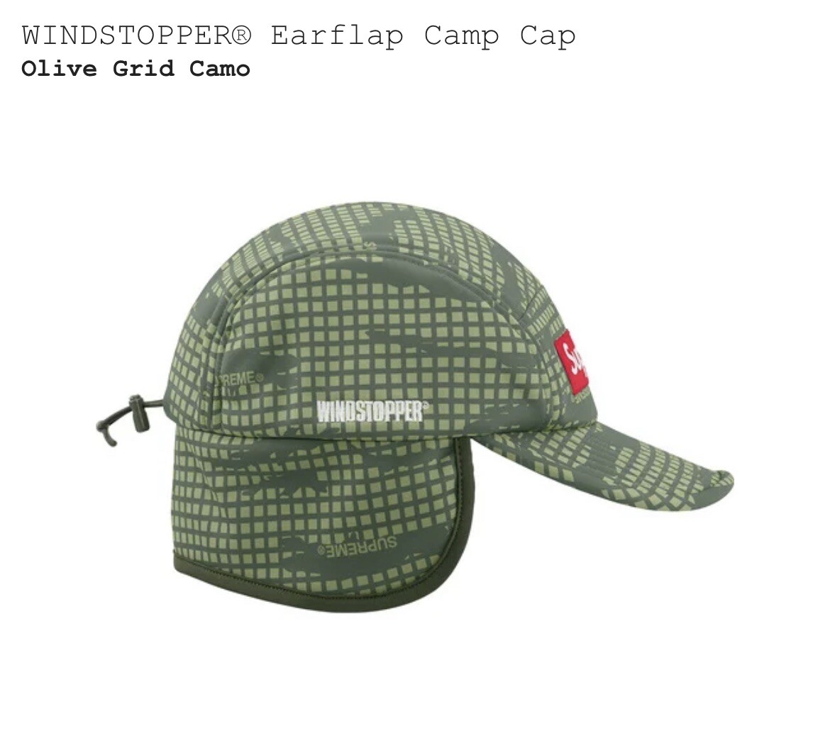 Supreme x WINDSTOPPER® Box Logo Earflap Camp Cap Olive Grid Camp
