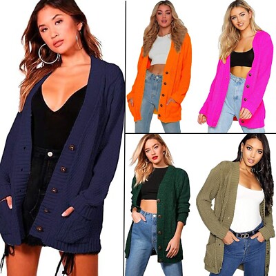 Grobstrick-Cardigan Damen Frauen Langarm Knopfleiste Aran Zopfmuster Opa