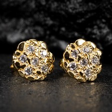 Round Yellow Gold Plated Iced Circle Nugget Hip Hop Stud Screw Back Earrings