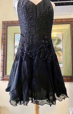 vintage beaded cocktail dress Vintage Beaded Black Silk Cocktail Dress: Classic Evening Gown