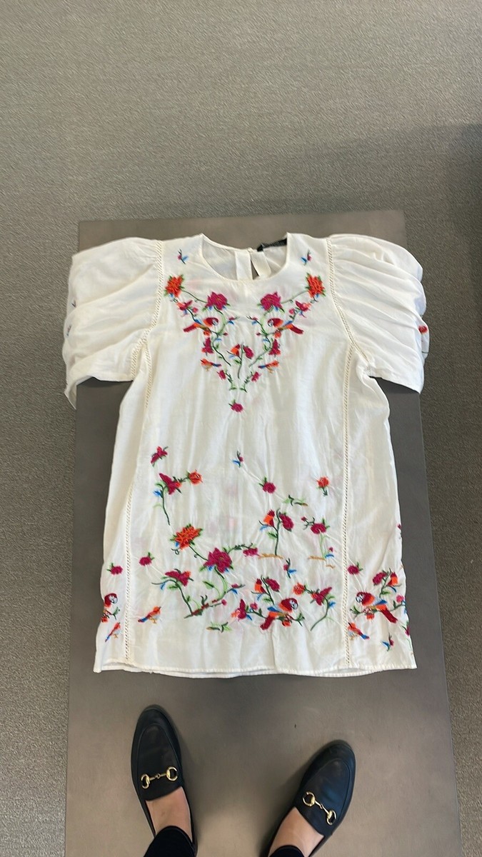 Zara Cotton Silk Blend Balloon Puff Sleeve Floral Embroidered Mini Dress