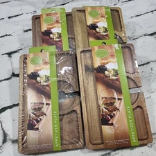 Dash Of That Appetizer Plates With Wine Glass Slot Acacia Wood Lot Of 4 NEW 