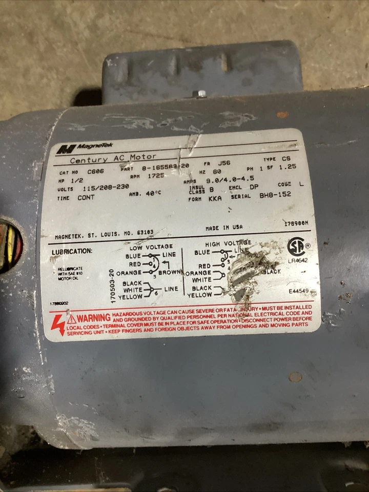 Century Magnetek Electric Motor 1/2 HP 1725/1100 Rpm 1PH 115 Volt J56 Frame USA! - Image 2 of 3