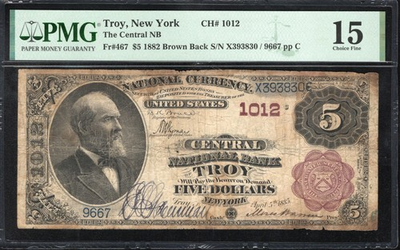 #ad 1882 $5 Troy NY Brown Back National Bank Note PMG 15 Rensselaer County 9667 $700.00