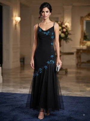 Xscape Long Maxi Dress Sz 14 Black Silk Beaded Fairycore Formal Floral Y2K Prom - image 1 of 4