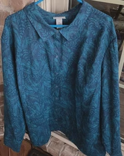 EUC - Catherine's 100% Polyester 4X (30/32W) Long Sleeve Teal/Navy Blouse