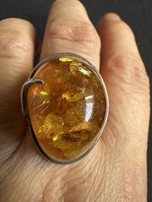 Vintage Tested Sterling Silver Big Nature Amber Ring -UK Size T 9g