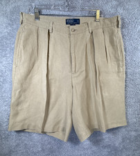 Polo Ralph Lauren Tyler Shorts Men' Pleated Beige Tan Linen Chino VTG Size 36