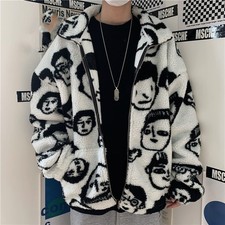 Streetwear Fleece Jacket Men Women Oversized Sherpa Zip Up Face Pattern Coat