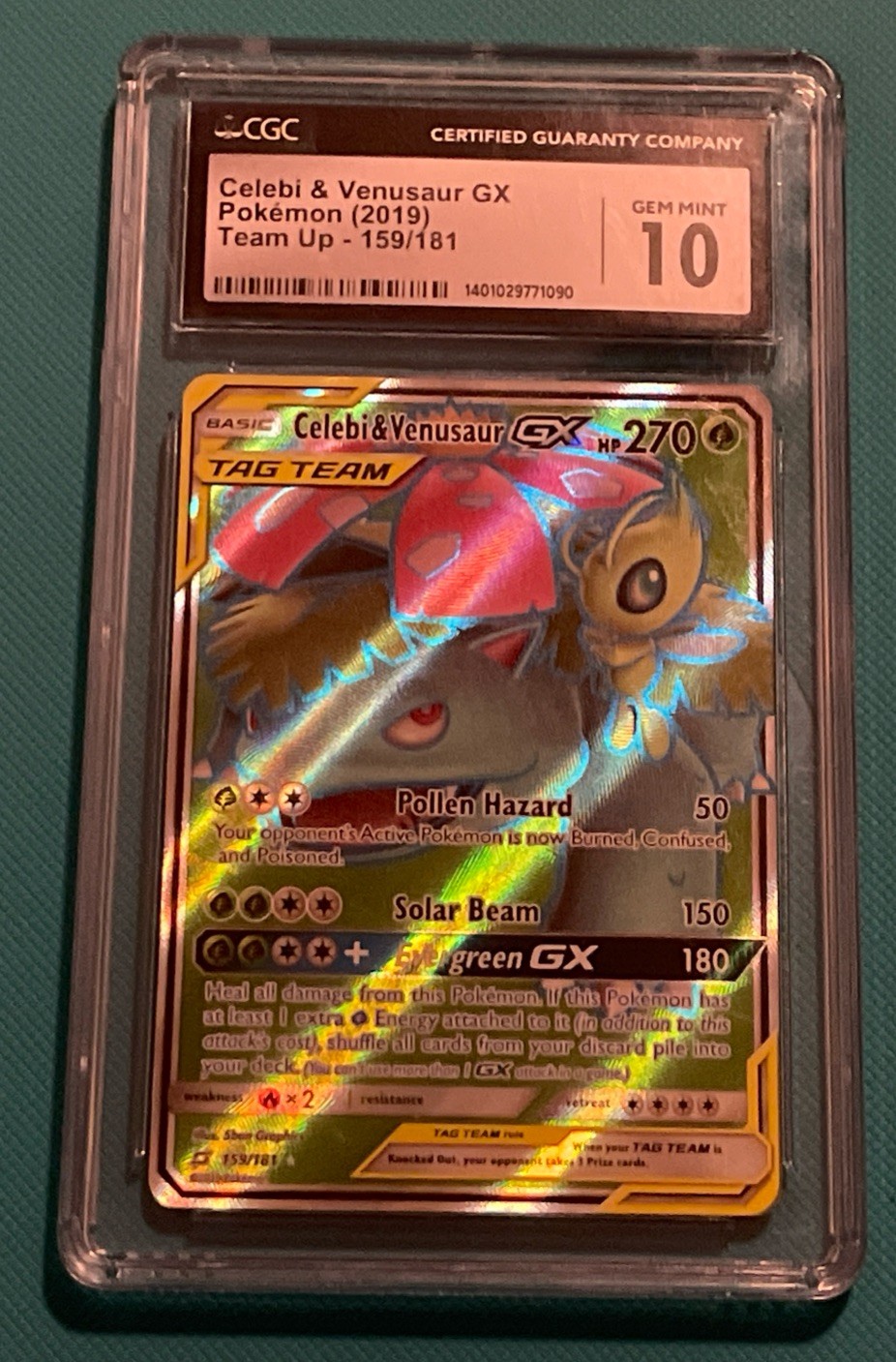 Celebi & Venusaur GX - 159/181 - Pokemon Team Up Sun & Moon Full Art Card CGC 10
