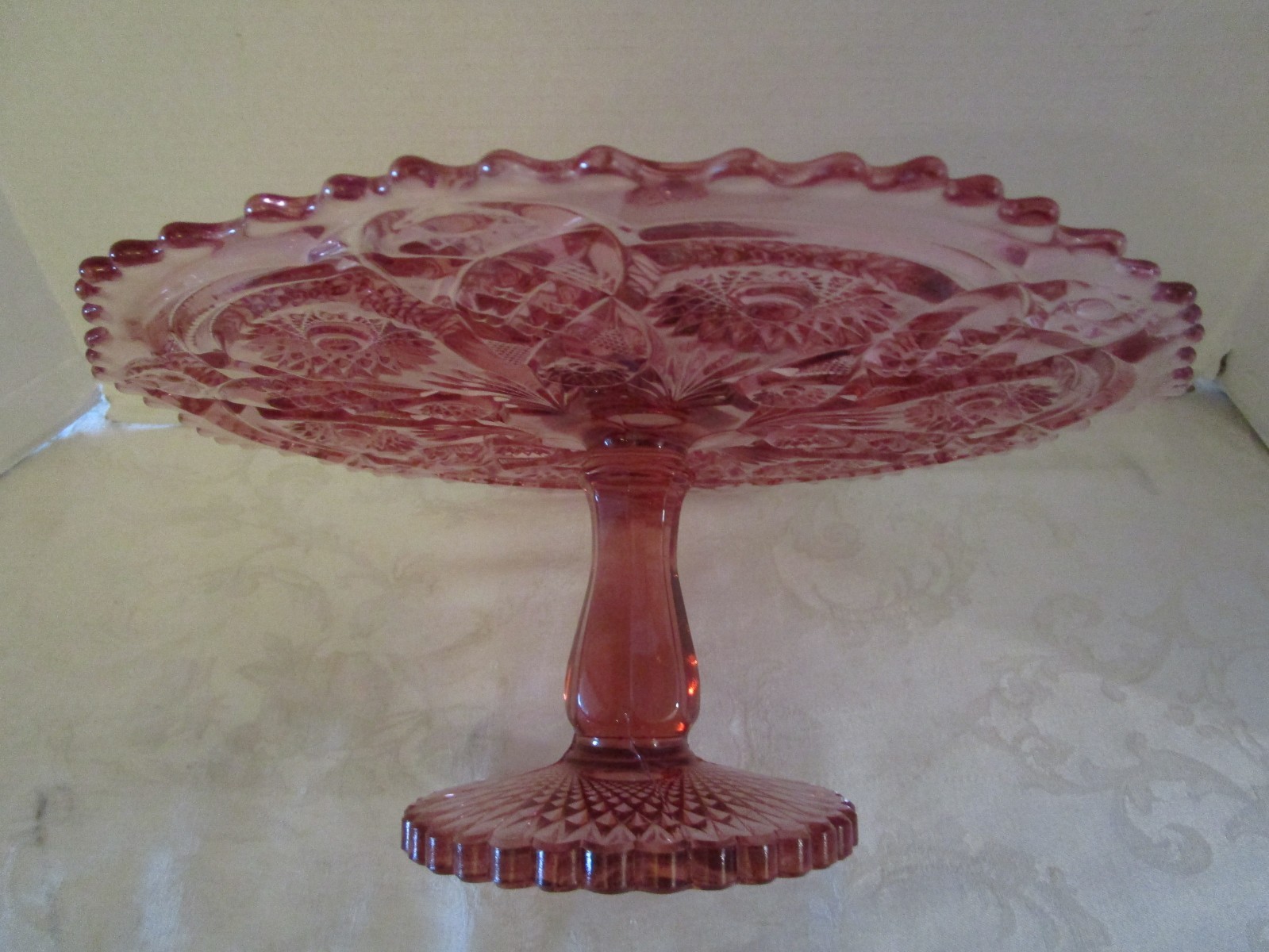 Vintage Imperial Pink Glass Pedestal Cake Stand Fashion Pattern 13" wide  1970's