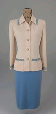 St. John Size 6 Skirt Suit beige blue Fringe Real Pockets