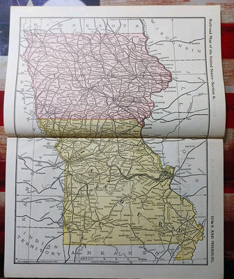 1897 Train Route Map MISSOURI & IOWA all Railroad Lines Station Marked 9''x 11''