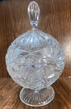 Heavy Crystal Clear CANDY DISH Footed & Finial 10.5" Criss Cross Fan Cut