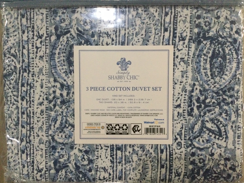 Simply Shabby Chic Duvet 3 Piece Set Size King Easy Care Indigo Batic Stripe - Image 4 of 4