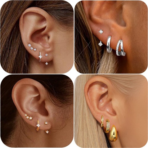 3 Pcs Stack Gold Studs Earrings for Women, Stud Hoop Earrings Stack Set - Picture 2 of 12