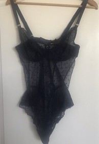 Dita Von Teese Navy Fiamma Bodysuit Swiss Dot & Scrollwork Lace 34D Cheeky Back