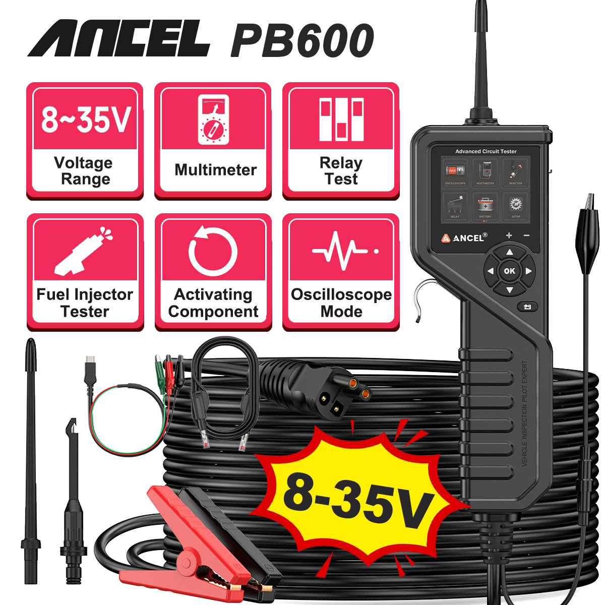 ANCEL PB600 Automotive Circuit Probe Tester for Relay Fuel Injector Testing in Cars and Buses