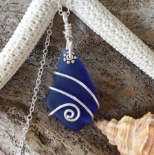 Hawaiian Jewelry Sea Glass Necklace, Wire Cobalt Blue Necklace, Sea Glass
