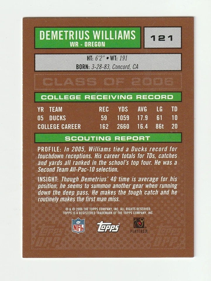 2006 Topps DPP #121 Demetrius Williams rookie card, Oregon Ducks - Image 2 of 2