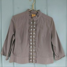 Ruby Rd Womens Petite 14P LP Large Jacket Brown Ruffles Beaded Zip Stretch