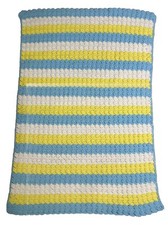 Baby Blanket Afghan Handmade Knitted 44  X 29  Blue Yellow White Soft Nursery