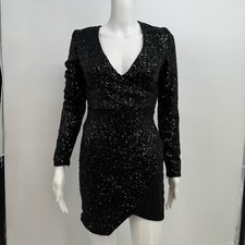 NWT House of CB London Cascata Dress Size XS Black Sequin Mini Zipper On Sleeves