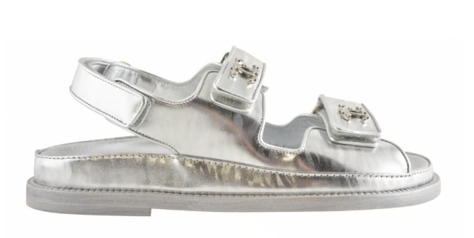 Chanel 22C Silver Laminated Star CC Logo Mule Slide Strap Flat Dad