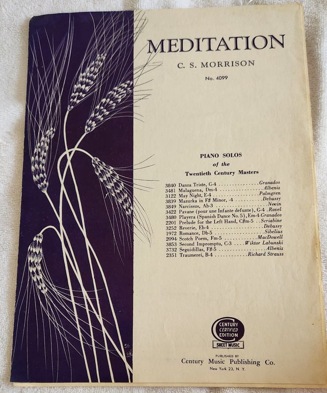 Meditation For Piano Vintage Sheet Music By C S Morrison No. 4099 Century Ed