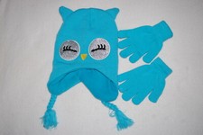 Girls TURQUOISE OWL HAT Fleece Lined GLITTER EYES Ear Flaps STRETCH GLOVES