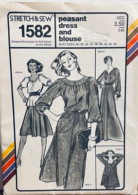 STRETCH & SEW PATTERN 1582 PEASANT DRESS OR BLOUSE SCOOP NECK BUST SIZE 28-44