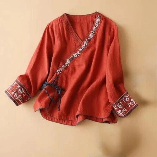 Damen Blumen bestickt Top Ethno Retro Shirt V-Ausschnitt Hanfu Cardigan Shirt Gr. - Bild 9 von 11