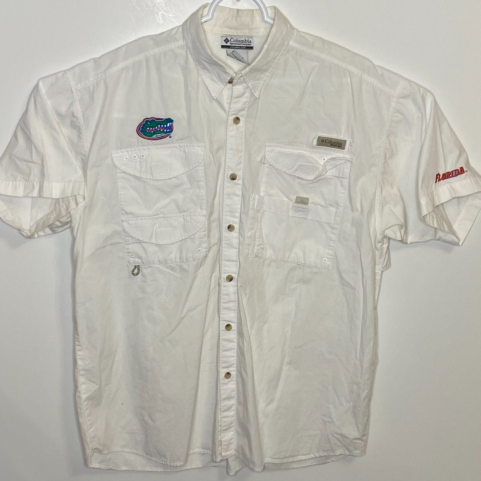 Columbia PFG White Men's Large Button Front Outdoors Vented Em-broidered Florida