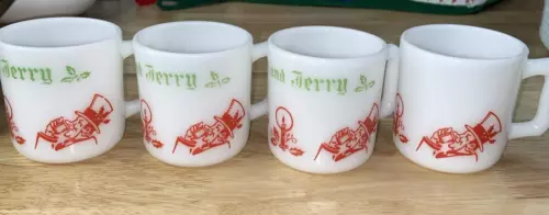 Vintage Tom & Jerry Christmas Drink Cups Hazel Atlas Milk Glass Holiday Mugs (4)