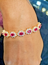 Bracelet De Tennis En Rubis Et Diamants Simulés En Or Jaune Plaqué 14k 15Ct Oval