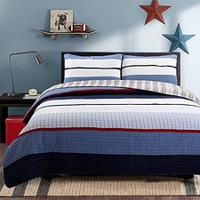 Navy Blue Striped 100 Cotton Quilt Bedding Set, Reversible Queen Levi Jean