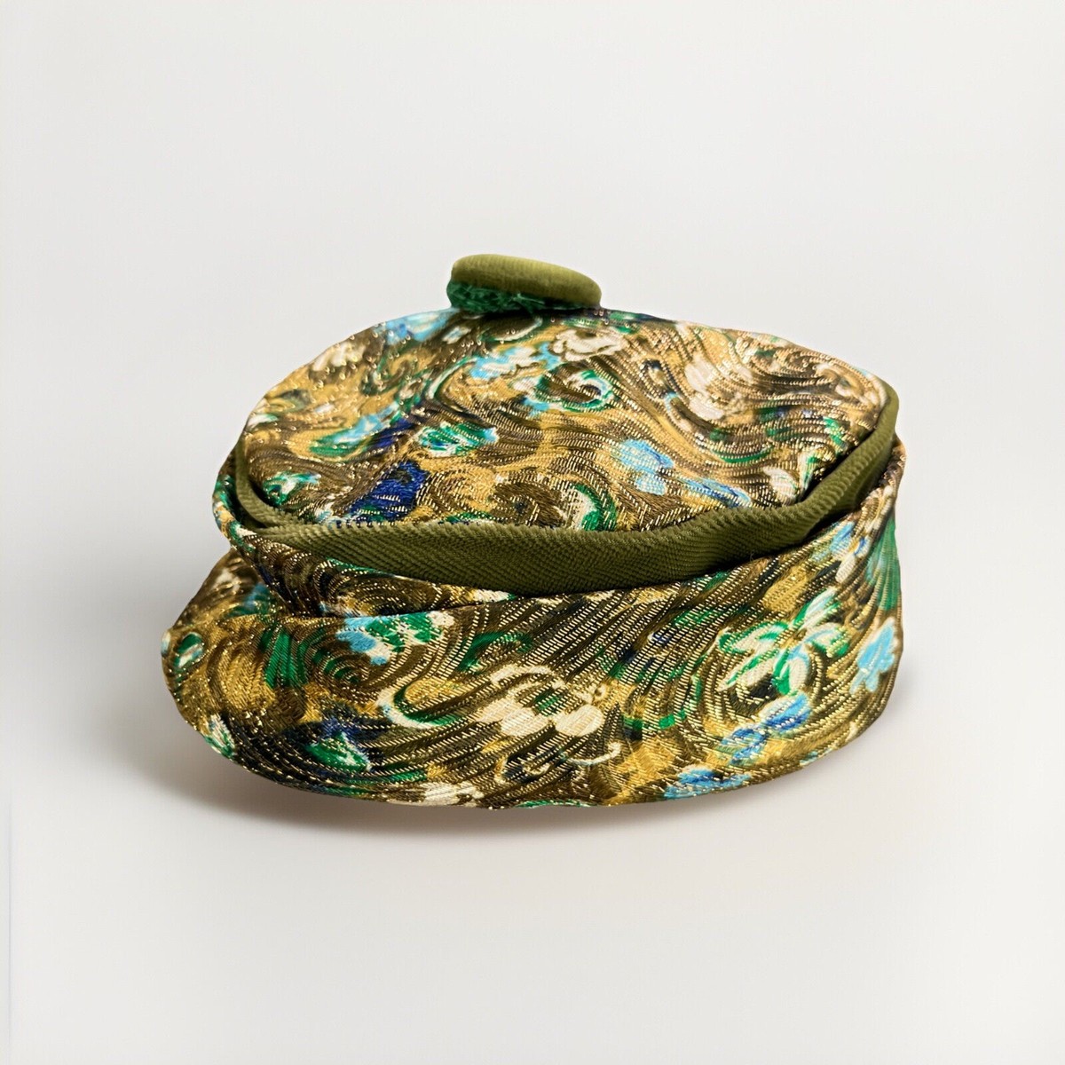 Vintage Pillbox Hat Women OS Black Floral Brocade Metallic Union Made Jackie O VTG Floral Pillbox Hat 50 main image 2
