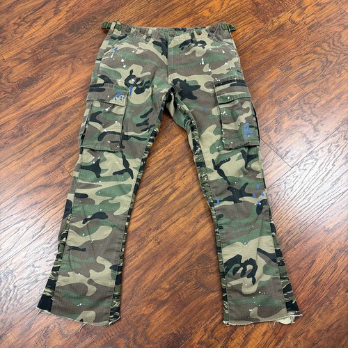 MNML Pants Mens 32 Green Flare Woodland Camo Paint Cargo Ripstop Adjustable